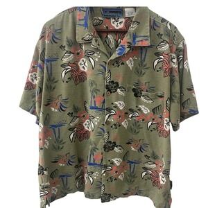 Jimmy'z Mens Large Tropical Floral Corduroy Button Down Shirt Green Hawaiian